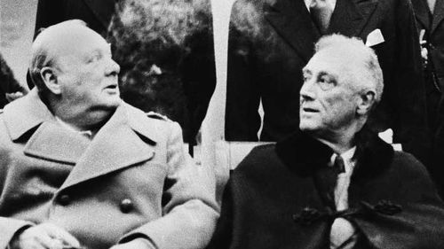 Vyacheslav Nikonov's grandfather (back row, second from right) Vyacheslav Molotov, at the Yalta Conference with Winston Churchill, Franklin Roosevelt and Josef Stalin. (AAP)