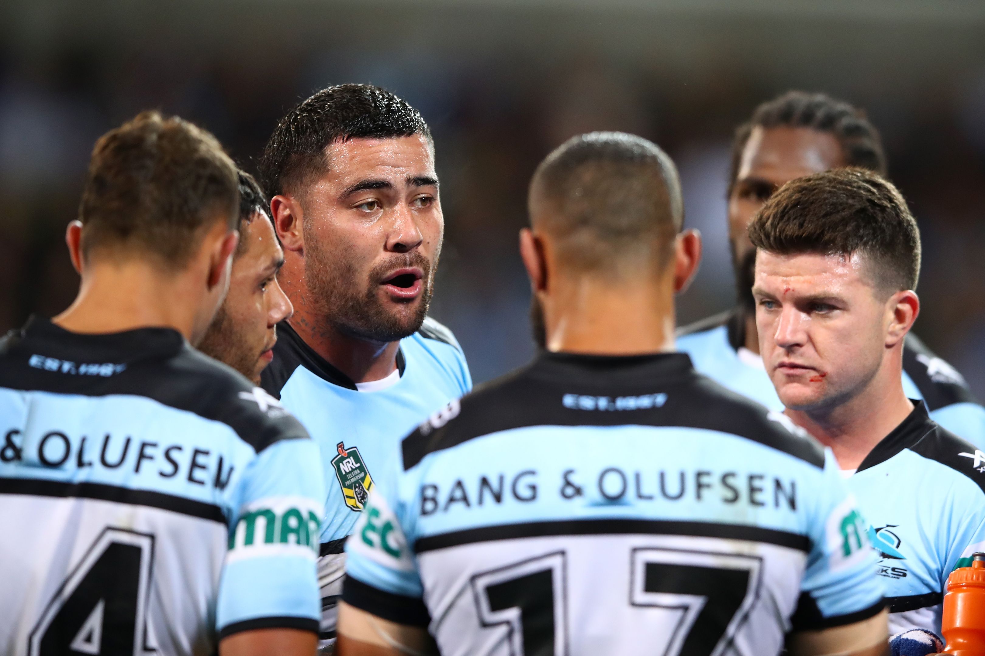 Cronulla Sharks react after conceding a try.