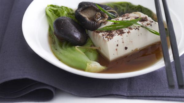 Steamed tofu, gai choy and shiitake mushrooms