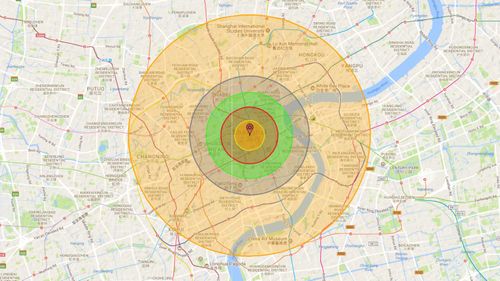 Shanghai would be perhaps the most devastating target of a nuclear attack. (Nukemap)