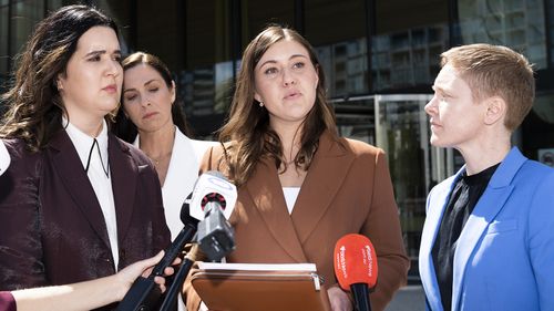 Brittany Higgins address the media outside the ACT Supreme Court after the Bruce Lehrmann trial was aborted.