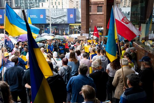 Russian invasion of Ukraine protest at Martin place. 25th Feb 2022. Photo: Edwina Pickles / SMH