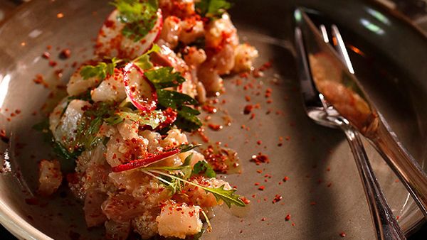 Kingfish nayyeh with cracked wheat, radish and Aleppo pepper