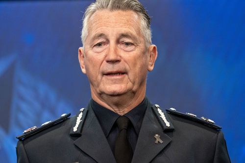 The Age, News, 27/08/2025, photo by Justin McManus. Chief Commissioner Mike Bush updating media on the killing of two police officers at Porepunkah and the search for the perpetrator.
