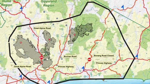 A fire showing the East Gippsland region of concern to authorities.