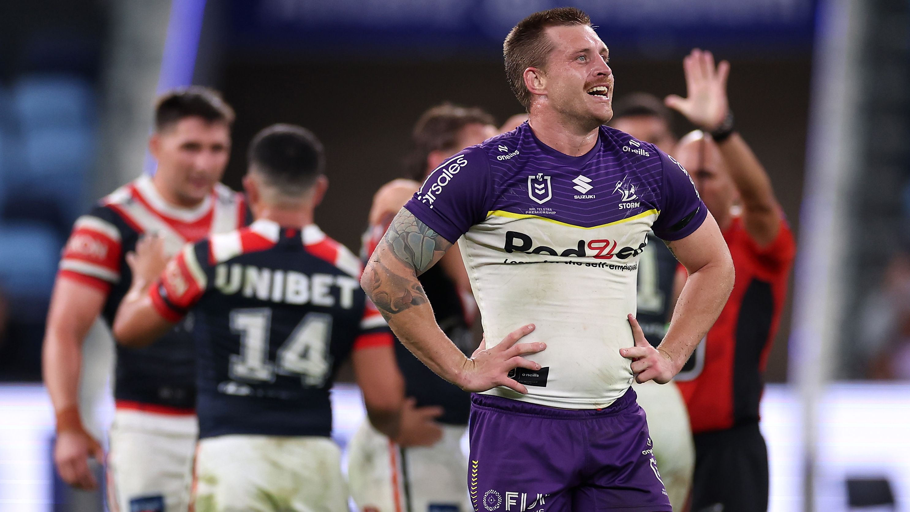 Cameron Munster of the Storm is sent to the sin-bin for a professional foul against James Tedesco of the Roosters.