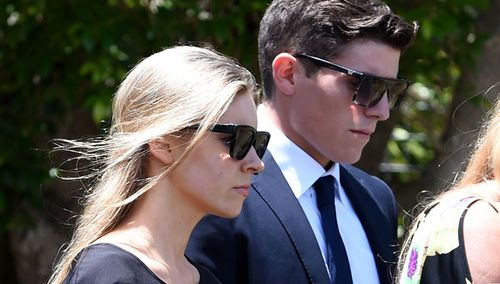 Brier Neill and cricketer Sean Abbott arrive at Phillip Hughes' funeral in Macksville. (AAP)