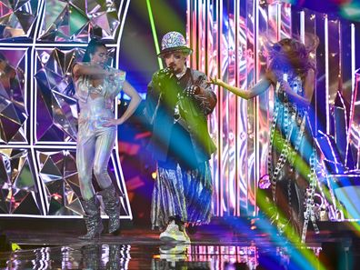Boy George performs with SENHIT who represents San Marino during the first semi-final of the Eurovision Song Contest  2026 at Wiener Stadthalle on May 12, 2026 in Vienna, Austria. 