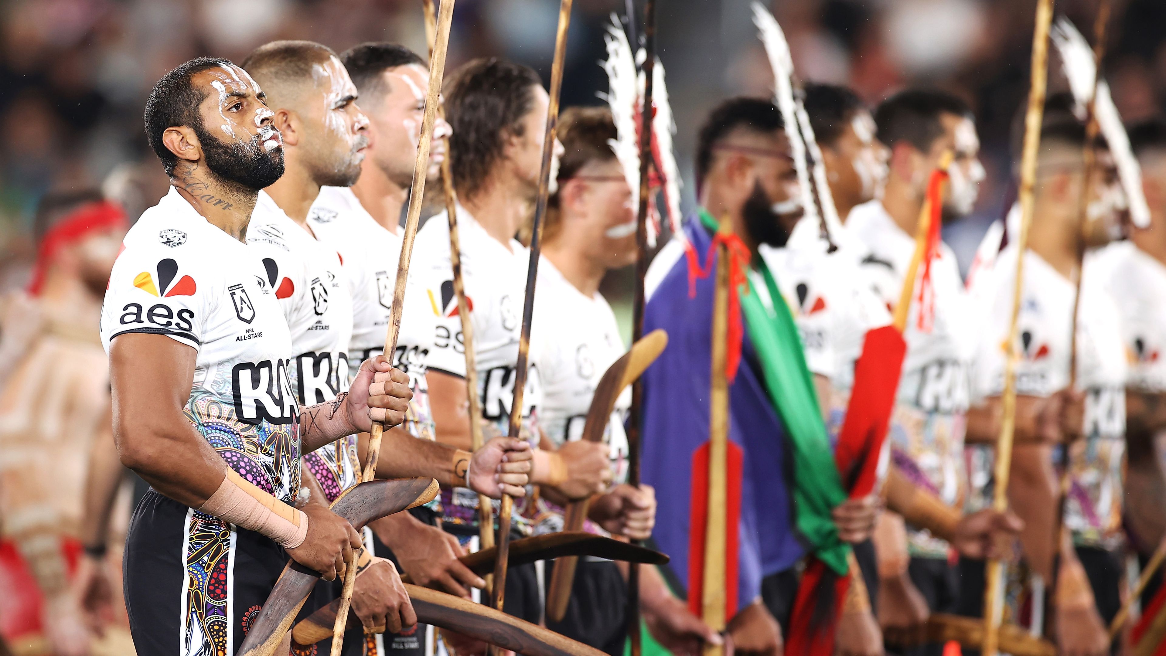 Josh Addo-Carr of the Indigenous All Stars looks on during the pre-game ceremony ahead of the match between the Men&#x27;s Indigenous All Stars and the Men&#x27;s Maori All Stars at CommBank Stadium on February 12, 2022 in Sydney, Australia. (Photo by Mark Kolbe/Getty Images)