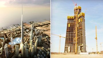 An architectural rendering of a finished Jeddah Tower, and the actual building which has not moved at all since 2017.