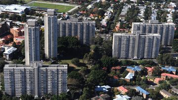 Aerial view of residential towers currently occupying the site where the NSW government plans to redevelop Waterloo, south of Sydney's CBD. (AAP)