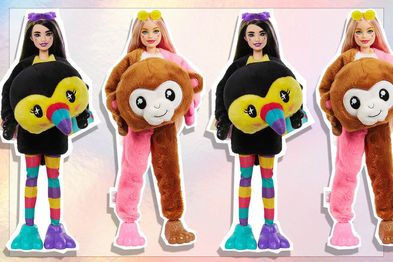 9PR: Barbie Dolls and Accessories, Cutie Reveal Doll with Toucan Plush Costume and Monkey Plush Costume.