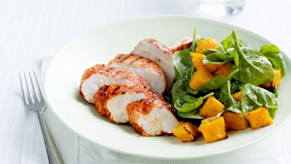 Paprika chicken with pumpkin & spinach salad