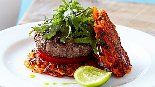 Kangaroo burgers with sweet potato fritters