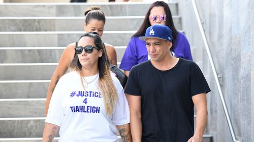 Cindy Palmer (left), the mother of Logan schoolgirl Tiahleigh Palmer, leaves the Southern Districts Magistrates Court in Beenleigh with supporters in February 2017. (AAP)
