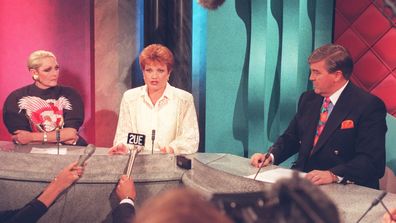 Jeannie Little on the set of Beauty and the Beast (left) with Pauline Hanson (centre) and Stan Zemanek (right) in January 1997