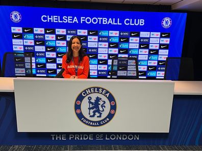 Karishma Sarkari in Stamford Bridge Stadium press room 