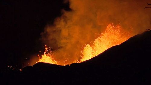 Lava fountaining at a fissure from the volcano, near Pahoa on the island of Hawaii 