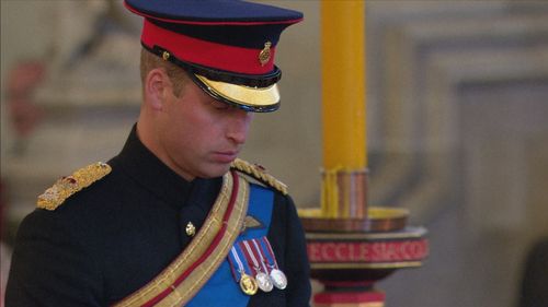 The Prince of Wales stands vigil at Queen Elizabeth's coffin at Westminster Hall.