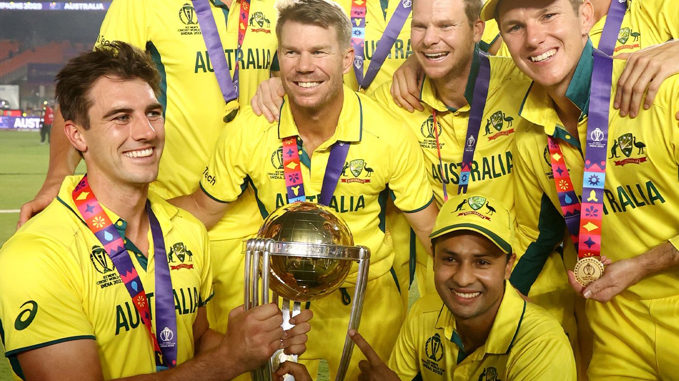 Pat Cummins and his teammates celebrate winning the World Cup in India.