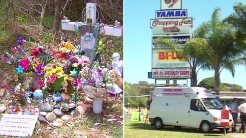 Lee Ellen Stace's memorial and file vision of police outside the Yamba shopping complex where Lee vanished back in September 1997.