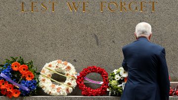 A poignant image at the Cenotaph in Martin Place in Sydney, after wreaths were laid.