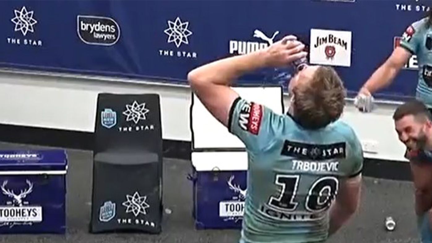 Comeback man Jake Trbojevic downs beer to cheers of teammates in epic toast to NSW thumping