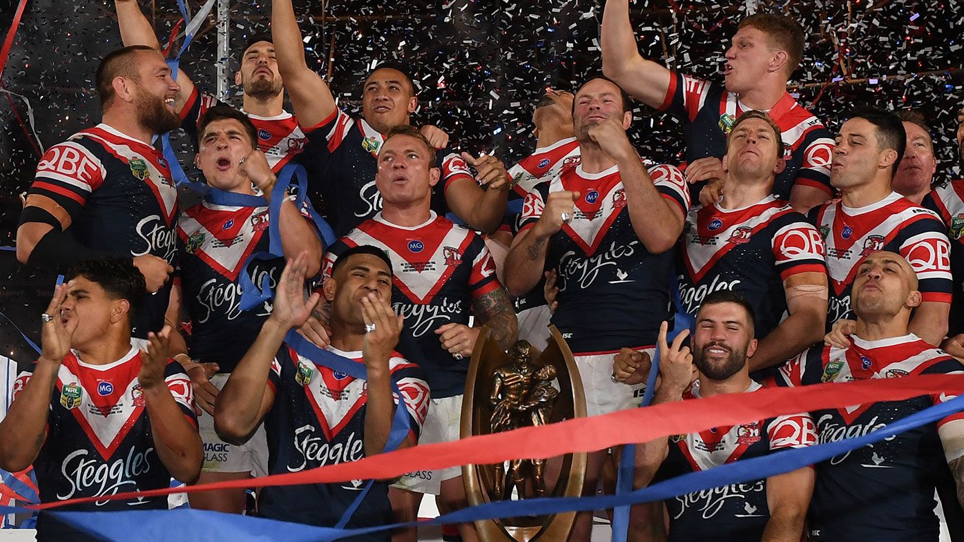 The Sydney Roosters celebrate their 2018 premiership at ANZ Stadium.
