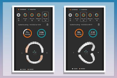 9PR: Colgate Connect App screenshots showing brushing results on blue and purple background.