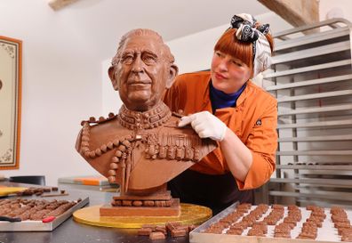 A bust of King Charles III made entirely from Celebrations chocolates is unveiled ahead of the Coronation. 