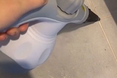 A Kmart handheld steamer cleans dirty grout.