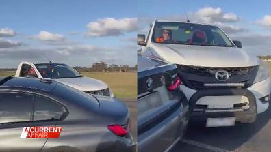 A man has allegedly been caught on camera repeatedly ramming another motorist's car and calling him a "black f---" during what police allege is a shocking road rage attack in Melbourne.