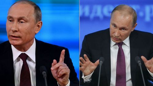 (L-R) Vladimir Putin at his annual press conference in 2013 and again in 2014. Notice anything similar? (AAP)