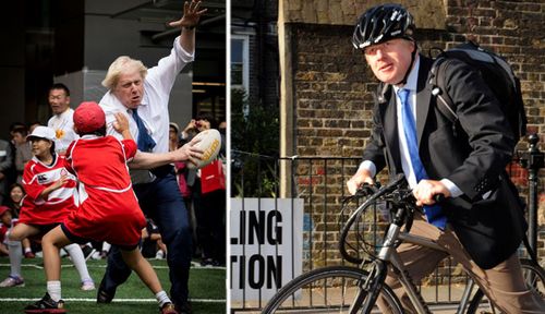 Boris Johnson at a street rugby tournament in  Tokyo and campaigning on his bike. (Photos: AP).