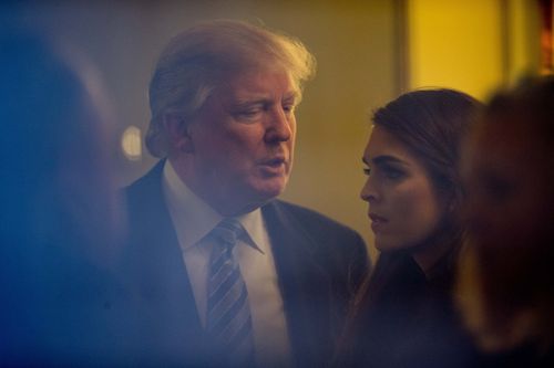 Donald Trump chats with Hope Hicks during his election campaign. (AAP)
