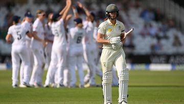 Australia batter Ellyse Perry reacts after being dismissed for 99 in the Ashes.