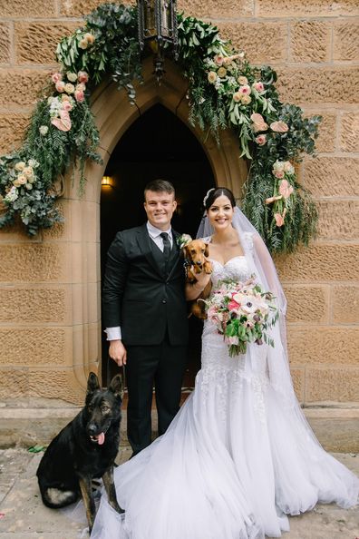 Jodie and Joss dog wedding outside church