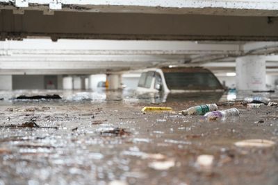 HONG KONG, CHINA - SEPTEMBER 08: Wan Tsui parking lot is flooded on September 8, 2023 in Hong Kong, China. Torrential downpours hit Hong Kong on the night of September 7 and causes widespread flooding. (Photo by Hou Yu/China News Service/VCG via Getty Images)