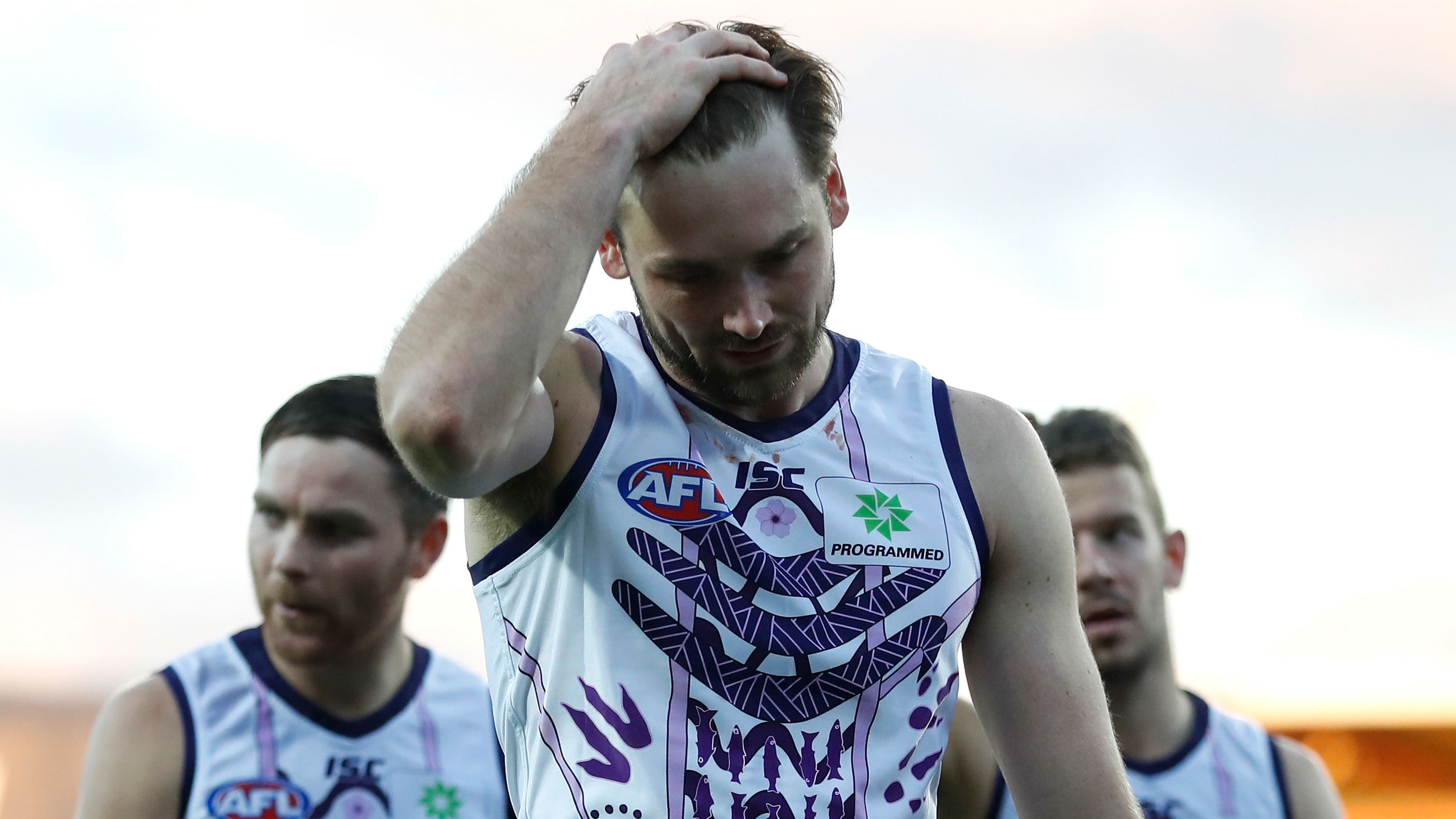 LAUNCESTON, AUSTRALIA - JULY 13: Joel Hamling of the Dockers looks dejected after a loss during the 2019 AFL round 17 match between the Hawthorn Hawks and the Fremantle Dockers at UTAS Stadium on July 13, 2019 in Launceston, Australia. (Photo by Michael Willson/AFL Photos)