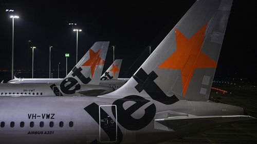 Jetstar aircraft at Tullamarine Airport in Melbourne, Australia, hours before the NSW-Victoria border was due to close.