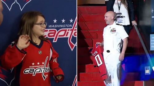 Kaitlyn Lemanek,
 8, received the unexpected but happy news while attending an ice hockey match.
 (YouTube/Washington Capitals)