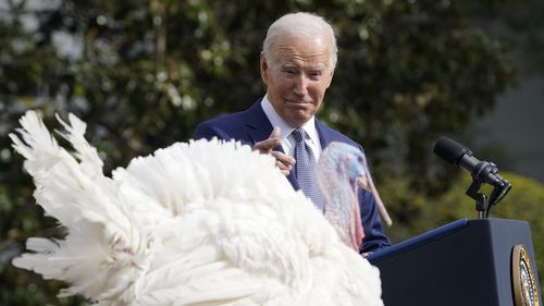 President Joe Biden speaks after pardoning the national Thanksgiving turkey, Liberty, during a pardoning ceremony at the White House in Washington, Monday, Nov. 20, 2023. (AP Photo/Susan Walsh)