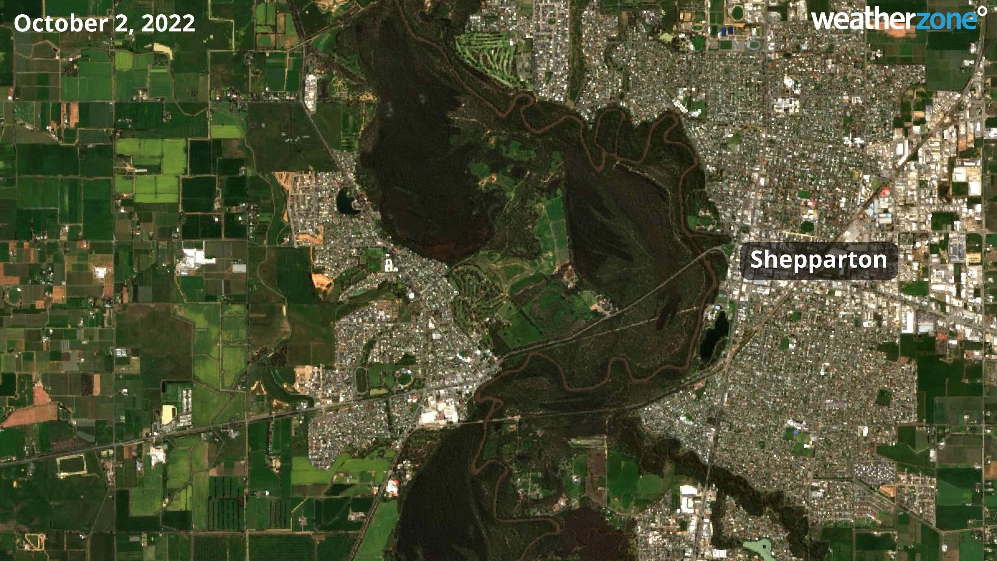 Satellite images showing the Goulburn River at Shepparton reveals how much the river spilled over the past two weeks. This image was taken October 2, 2022. 