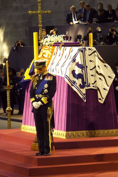 403513 04: Prince Charles of Britain stands in vigil at the coffin of his grandmother the Queen Mother as it lies in state April 8, 2002 in Westminster Hall, London. The Queen Mother's funeral is scheduled for April 9, 2002. (Pool Photo/Getty Images)