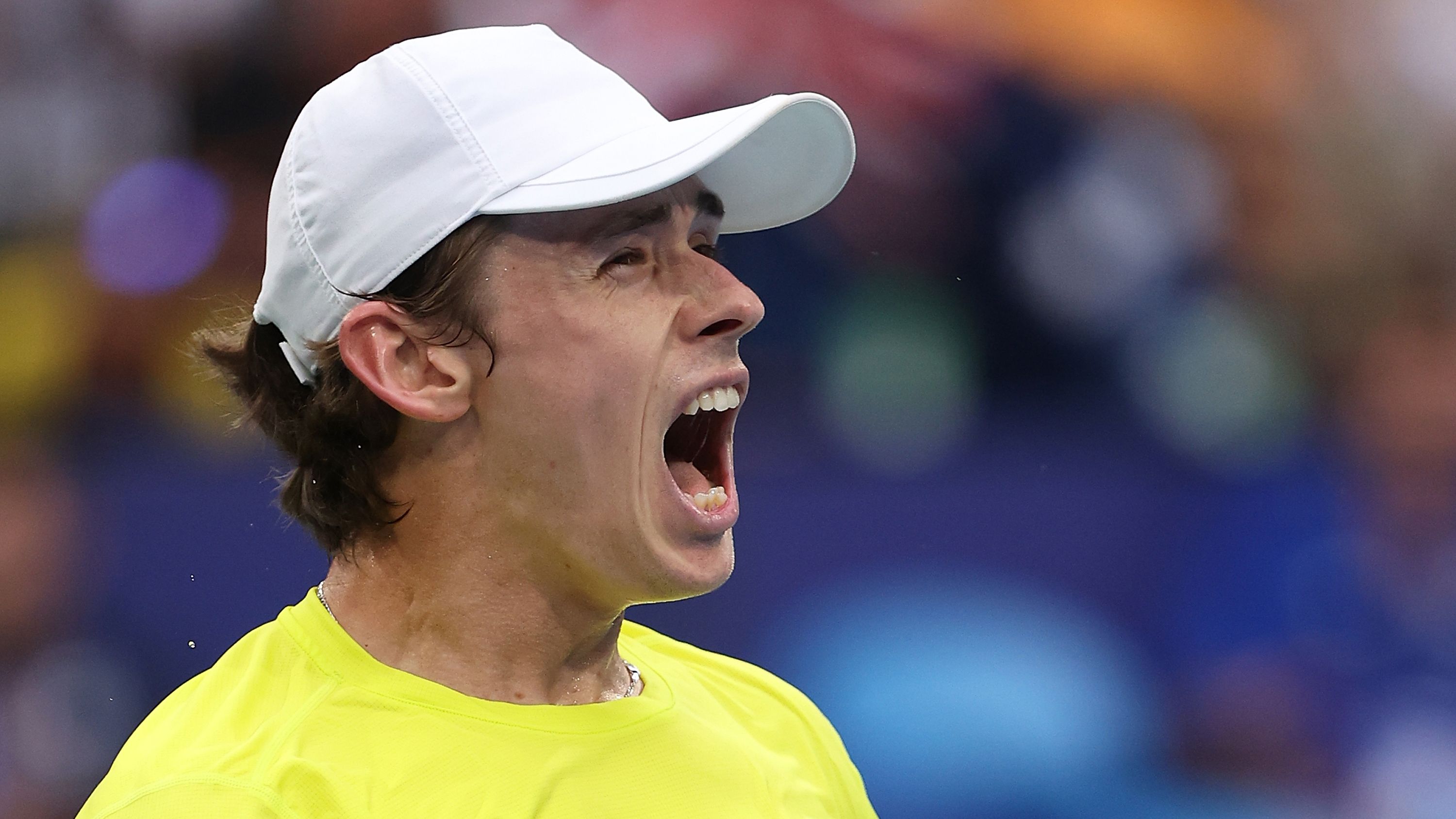 PERTH, AUSTRALIA - JANUARY 01: Alex de Minaur of Team Australia celebrates winning his singles match against Taylor Fritz of Team USA during day four of the 2024 United Cup at RAC Arena on January 01, 2024 in Perth, Australia. (Photo by Paul Kane/Getty Images)