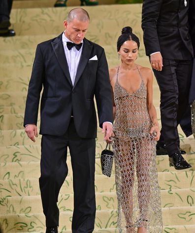 Channing Tatum and Zoë Kravitz leave the 2021 Met Gala Celebrating In America: A Lexicon Of Fashion at Metropolitan Museum of Art on September 13, 2021 in New York City. 