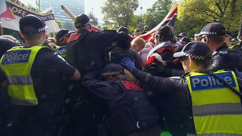 Police during a neo-Nazi demonstration in Melbourne.