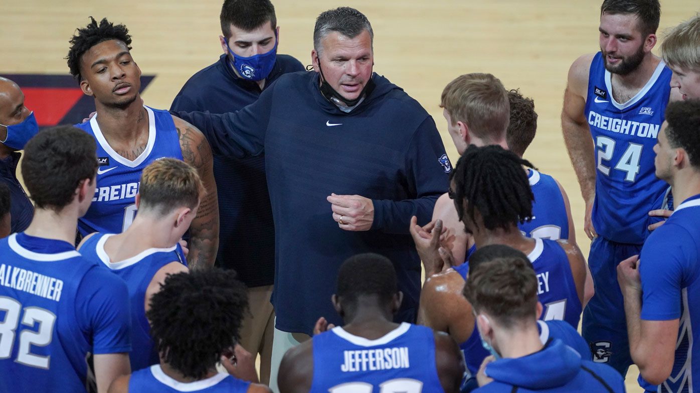 Head coach Greg McDermott of the Creighton Bluejays with his team. (Getty)