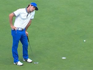Rory McIlroy reacts after missing his third putt. (Supplied)
