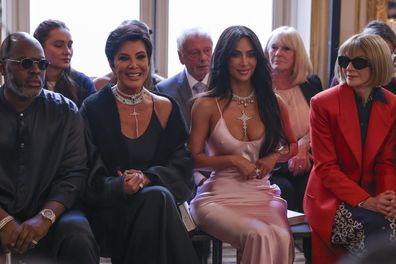 Corey Gamble, from left, Kris Jenner, Kim Kardashian and Anna Wintour attend the Victoria Beckham Spring/Summer 2024 womenswear fashion collection presented Friday, Sept. 29, 2023 in Paris. (AP Photo/Vianney Le Caer)